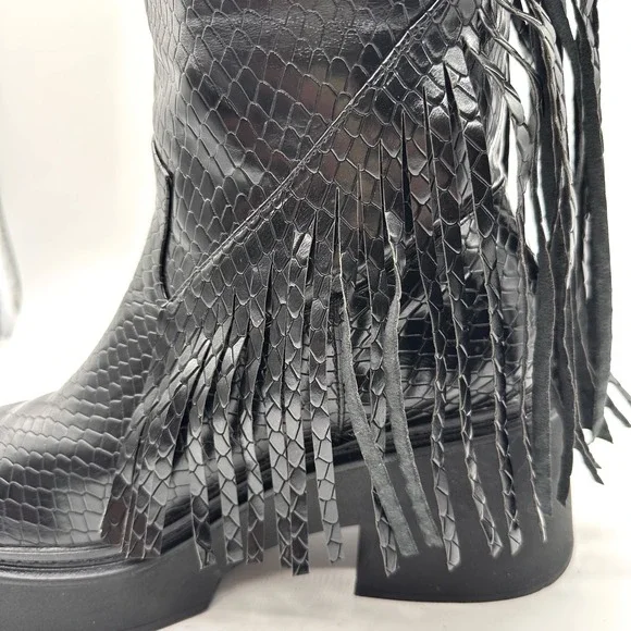 Womens Black Gothic Faux Snakeskin Moto Biker Fringe Chunky Platform Boots 11/42 - Picture 5 of 9